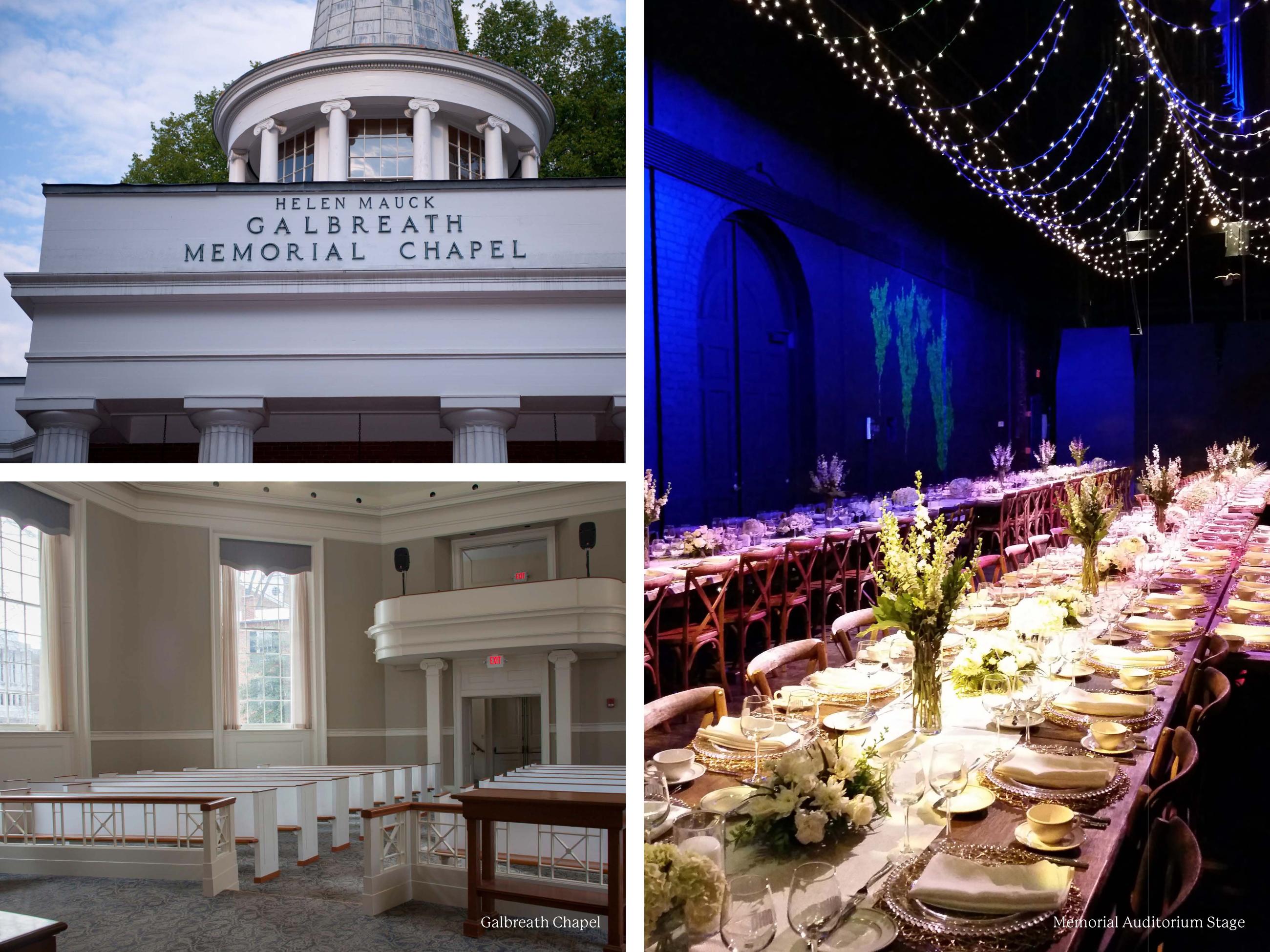 three photos- one of Galbreath Chapel, one inside the chapel and one of Memorial Auditorium set up for a wedding