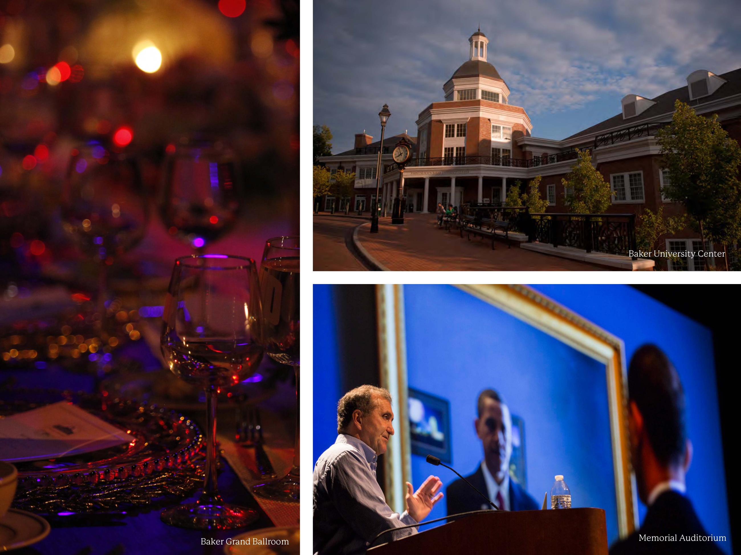 three photos-one of a close up of a table with glassware, another with the front of Baker University Center, and the other of President Obama on a screen while a speaker addresses the crowd