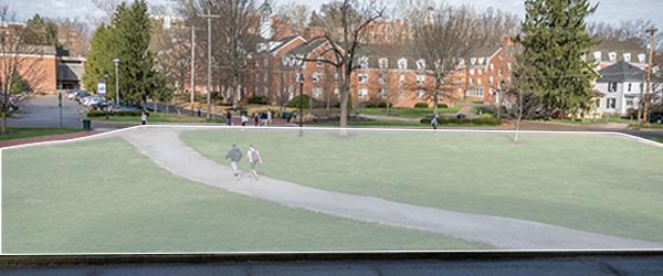 Morton Field, featuring green space and a walkway outside the Morton Hall building