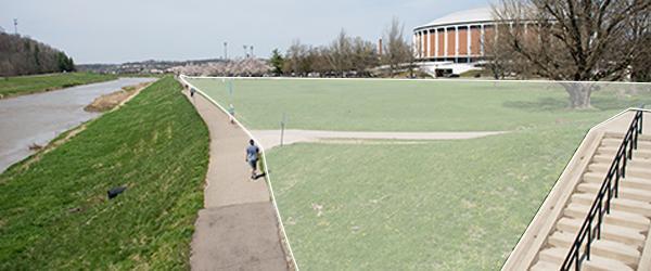 Tailgreat Park, a large greenspace along the Hocking River next to the Convocation Center
