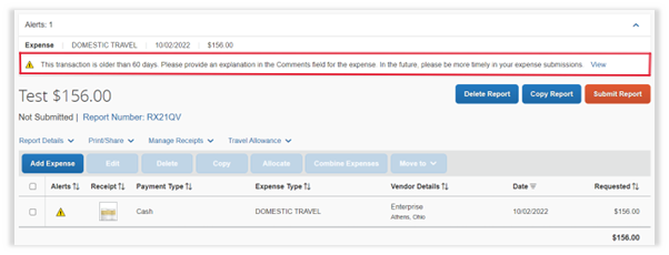 Concur 60 day warning message example