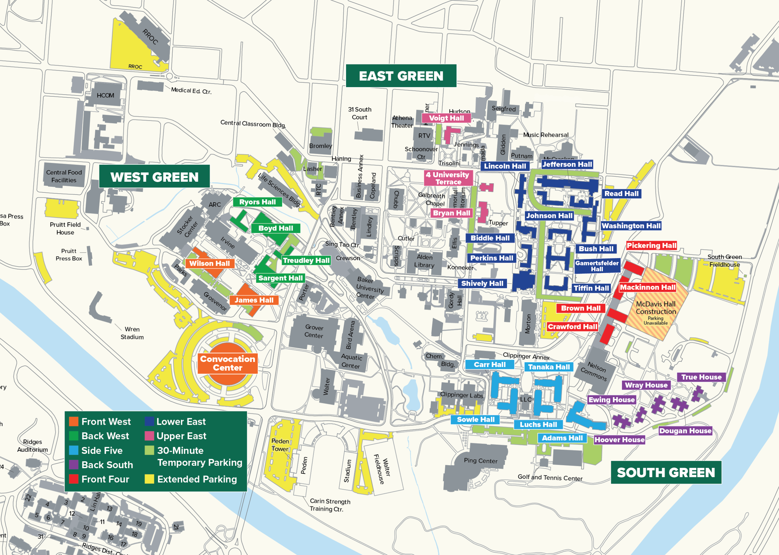 map of campus with parking lots highlighted for move-in