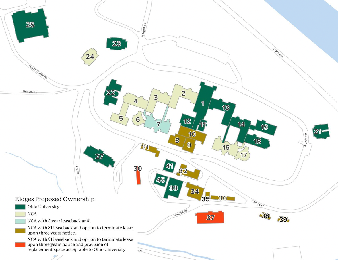 A map of The Ridges depicting historic buildings to be transferred outside Ohio University's ownership.