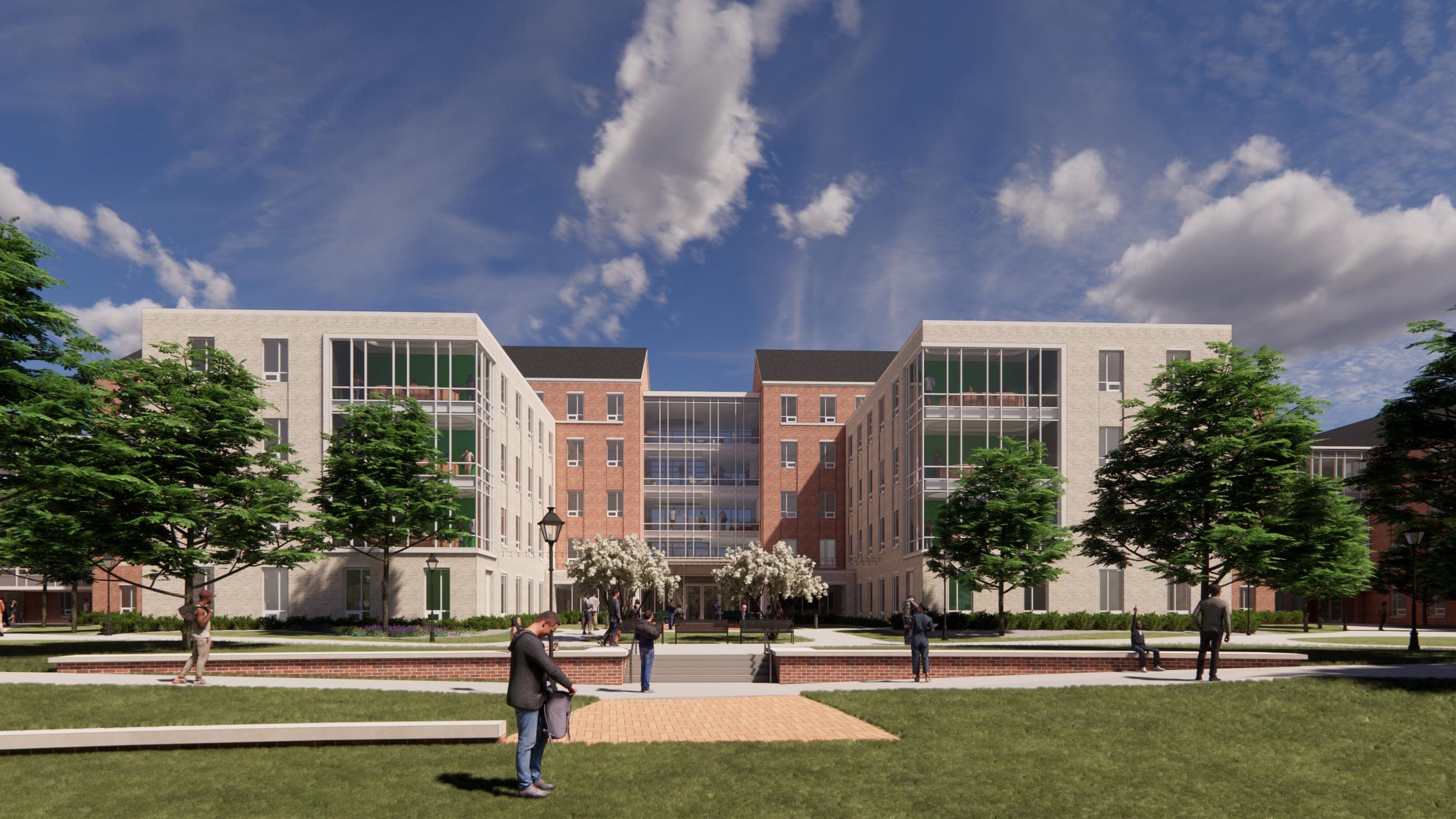 Entry of McDavis Hall looking from New Elevated South Green Courtyard behind Pickering, Brown and Mackinnon Halls.