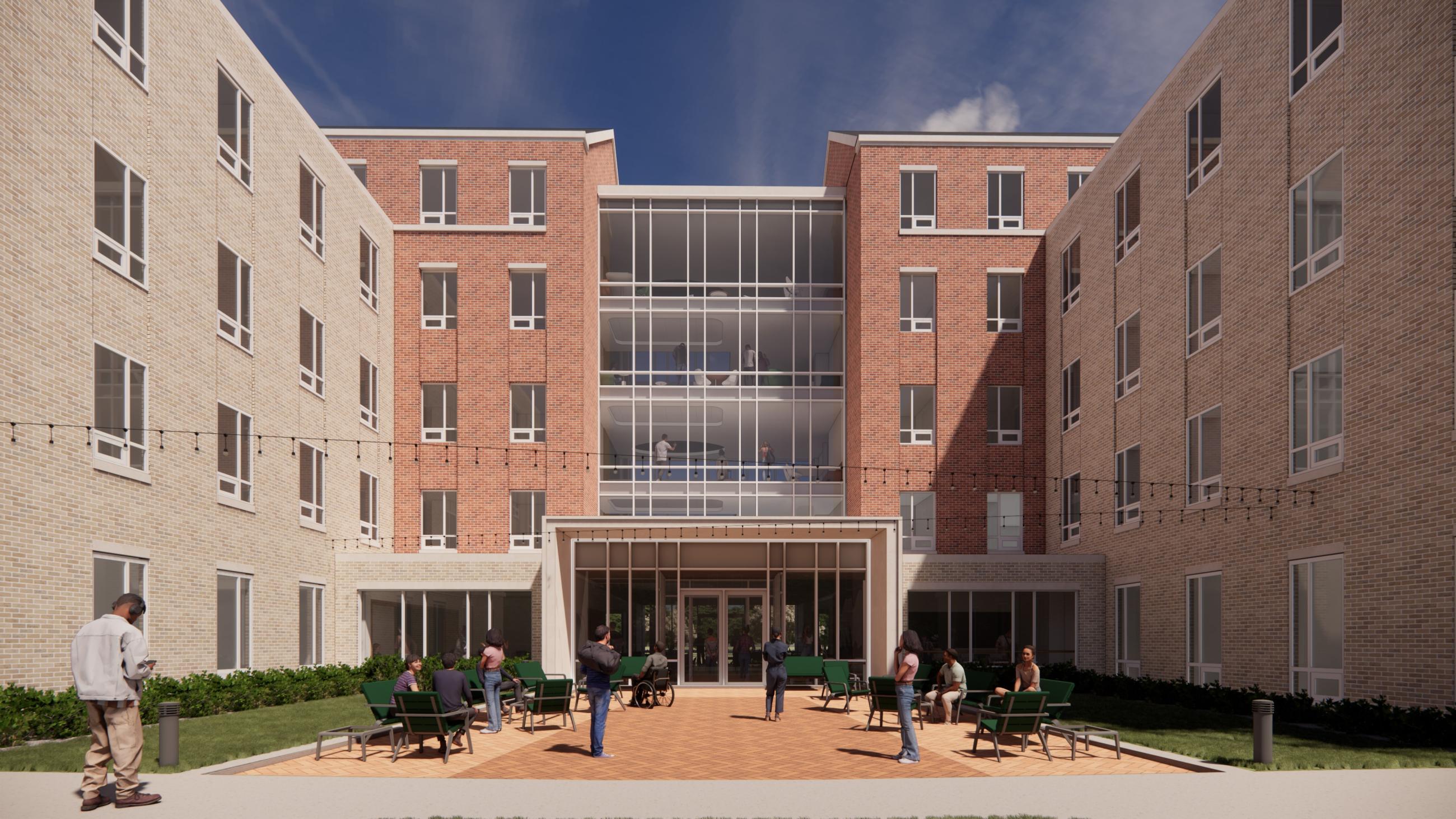 Building Entrance facing New Elevated South Green Courtyard behind Pickering, Brown and Mackinnon Halls.