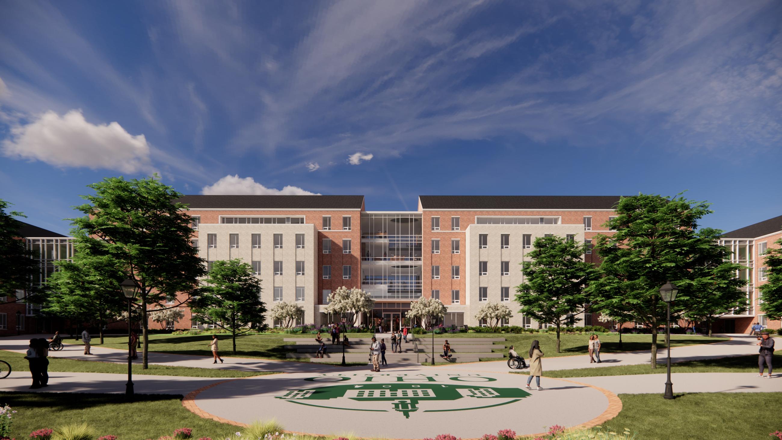 Entrance of McDavis Hall Facing Bike Trail + Outdoor Recreation Space.