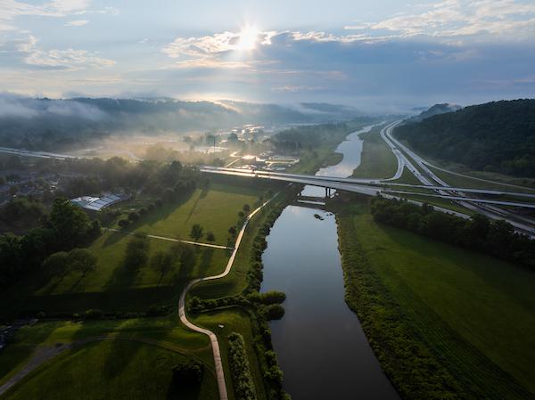 Aerial view of Hocking River and Ohio University campus at sunrise