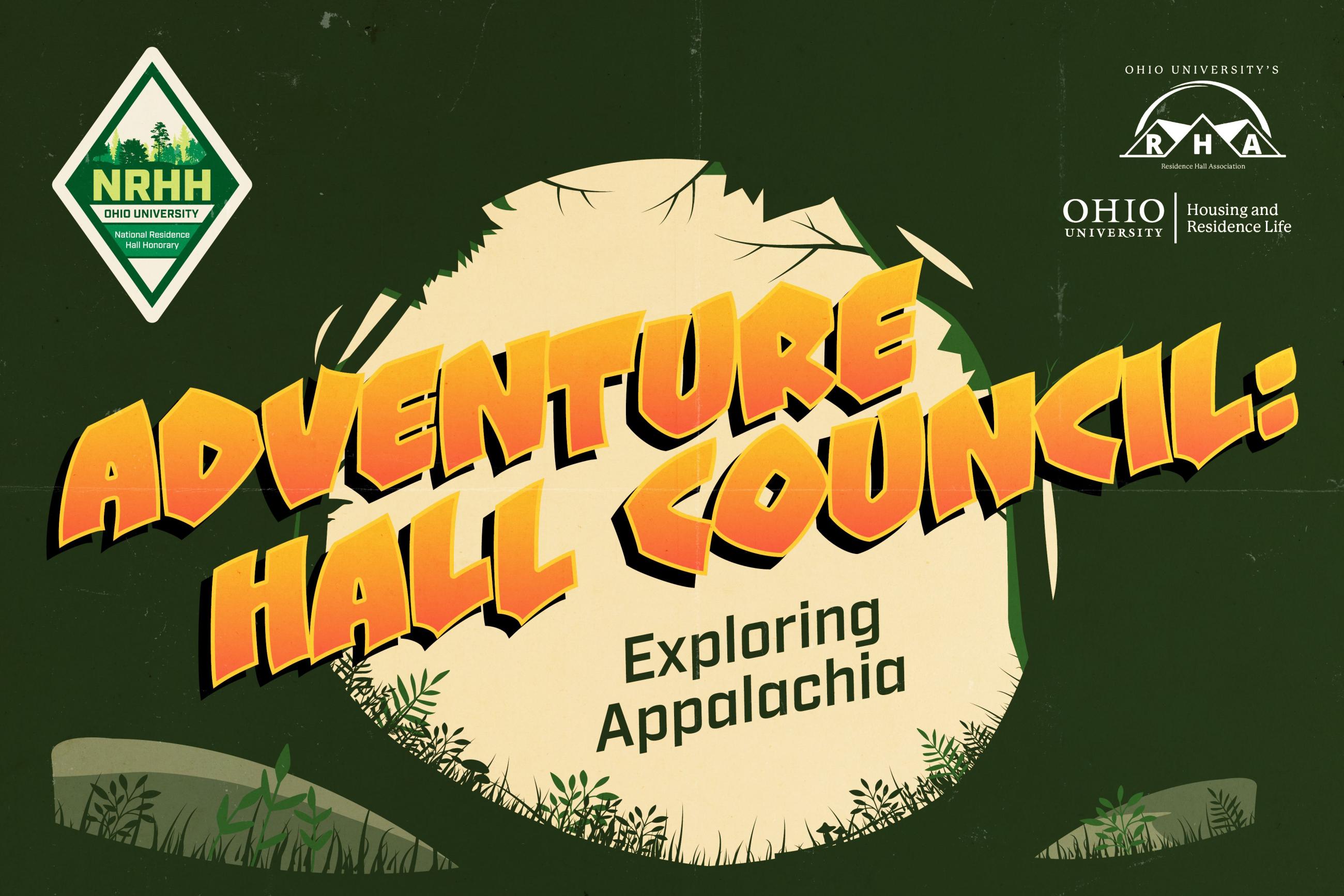 graphic of ADVENTURE HALL COUNCIL with logos for Housing, NRHH and RHA