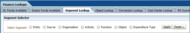 Screenshot of finance lookup dashboard