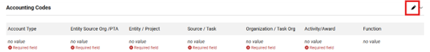 PR Accounting Codes Tab