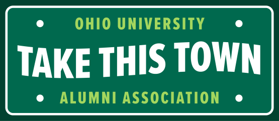 Design made to look like a license plate with text Ohio University Alumni Association, Take This Town.