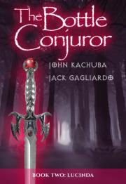 Sword with red jewel on hilt and dark woods in background.