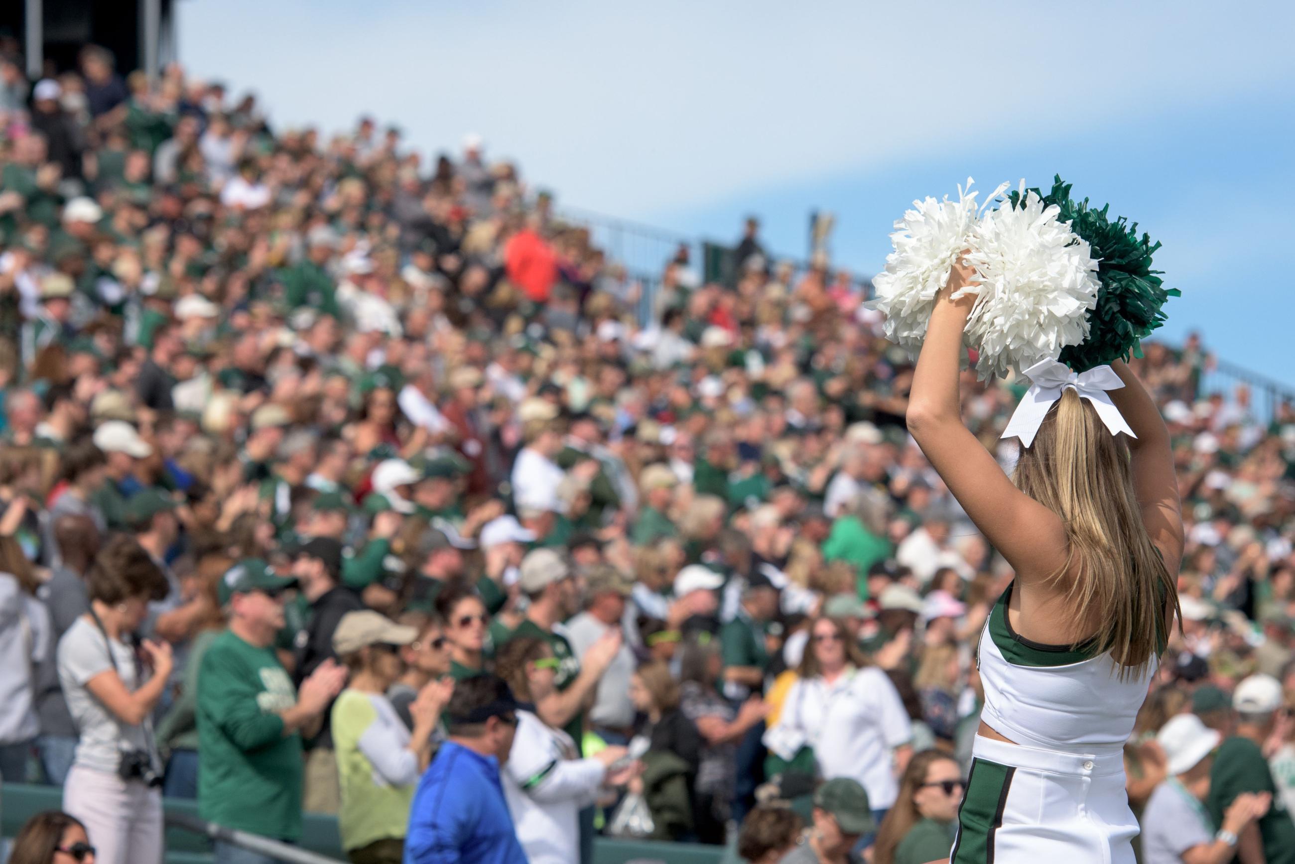 cheerleader in front of crowd at football game