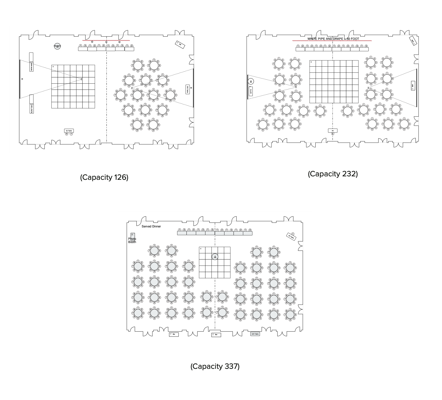 Ballroom Reception 232 4/14/2016 Grand Ballroom Printed: 3/14/2016 10:22am 26 - 5.5ft Round Table 208 - 19" x 19" banquet Chair 10 - 6ft x 2.5ft Rectangle Table 17 - 20" x 20" banquet Chair 56 - 4ft x 4ft Dance Floor Tiles 1 - 4' Cake Table 5 - 2' Drape 2 - 6ft x 2.5ft Bar 2 - Projector Screen WHITE PIPE AND DRAPE = 50 FOOT Grand Ballroom Reception 337 4/14/2016 Grand Ballroom (Capacity 126) Printed: 3/14/2016 10:19am 40 - 5ft Round Table 337 - 20" x 20" banquet Chair 10 - 6ft x 2.5ft Rectangle Table 2 - 6f